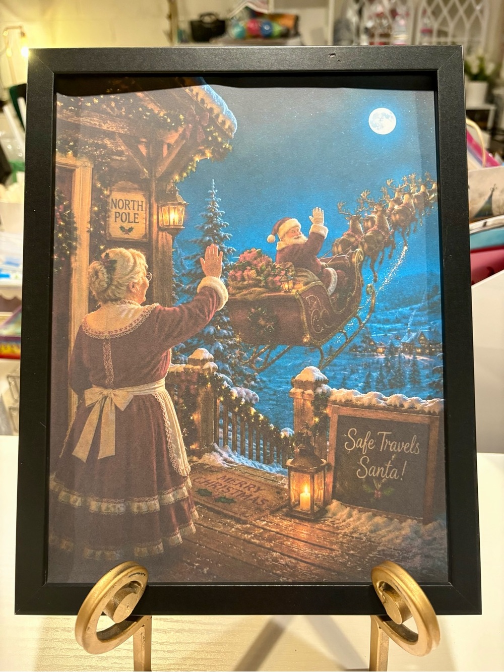 Framed 8x10 Holiday Santa & Mrs Claus Wall Art - Blue Night Scene